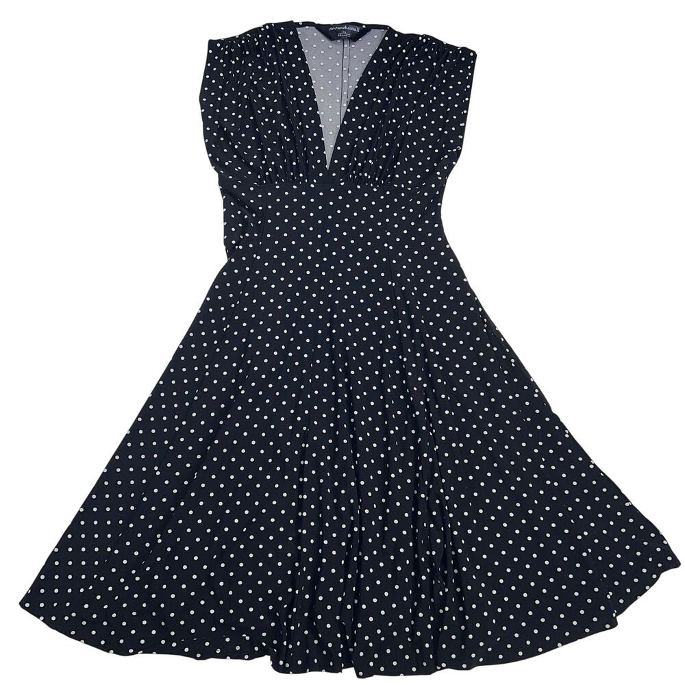 Norma Kamali Polka Dot Swing Dress Black White V-Neck Midi Flared A-Line Size L - Picture 5 of 12